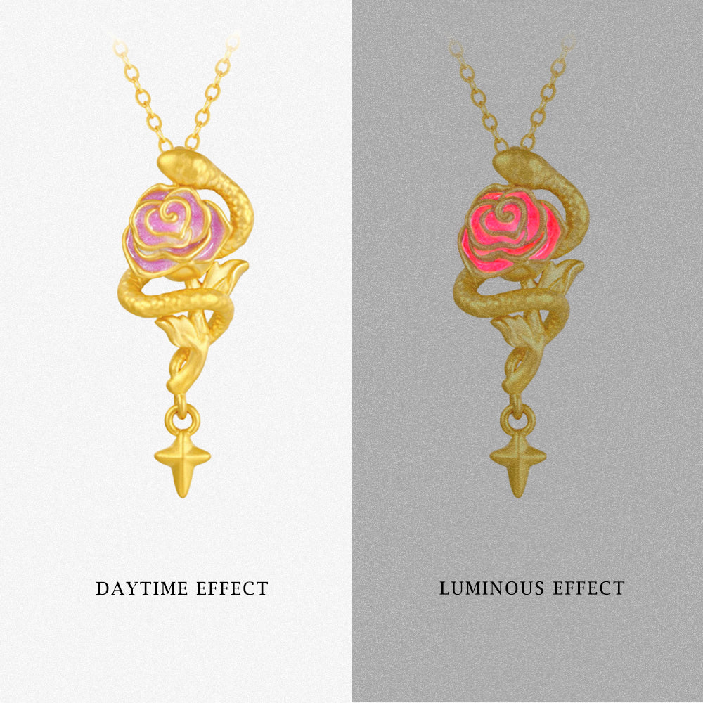 24K Gold Luminous Enamel Cool Snake and Rose Necklace Pendant