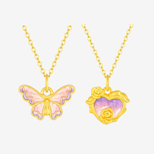 24K Gold Luminous Enamel Fantasy Butterfly Heart Necklace Pendant