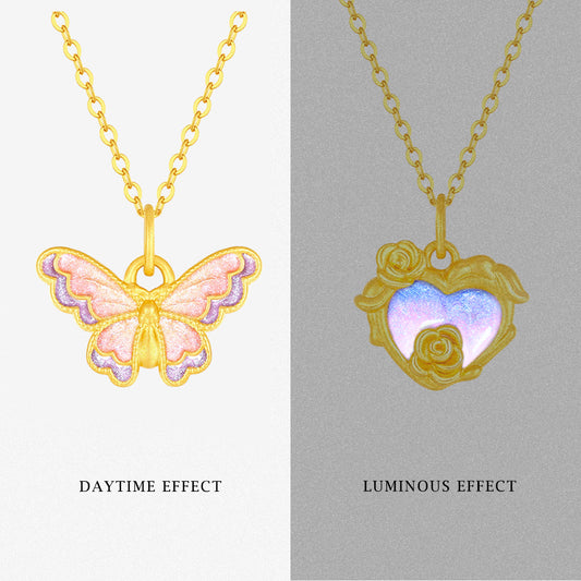 24K Gold Luminous Enamel Fantasy Butterfly Heart Necklace Pendant