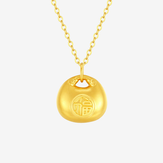 24K Gold Fu Fortune Ingot Necklace Pendant