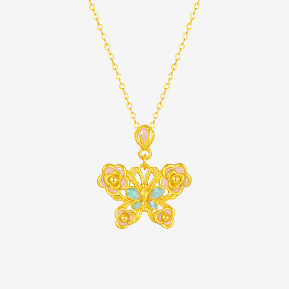 Twelve Gods of Flowers Series 24K Gold Enamel Camellia Butterfly Necklace Pendant