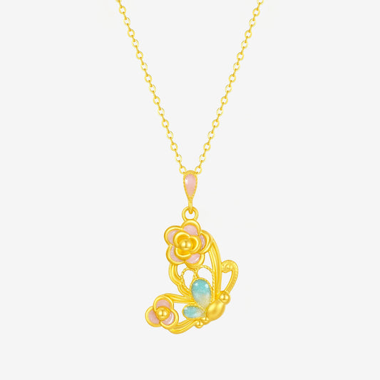 Twelve Gods of Flowers Series 24K Gold Enamel Camellia Butterfly Necklace Pendant