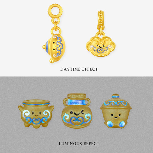 Chinese Cultural Relics Series 24K Gold Luminous Enamel Blue and White Porcelain Charm