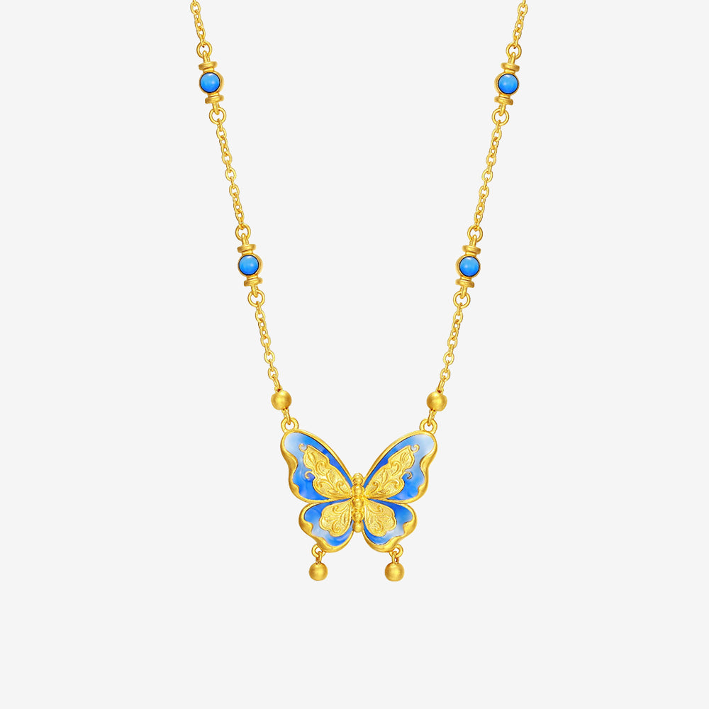 Oriental Blue and White Series 24K Gold Enamel Blue Butterfly Necklace