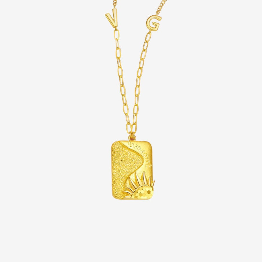 Blazing Van Gogh Series 24K Gold Sunflower Square Tag Necklace