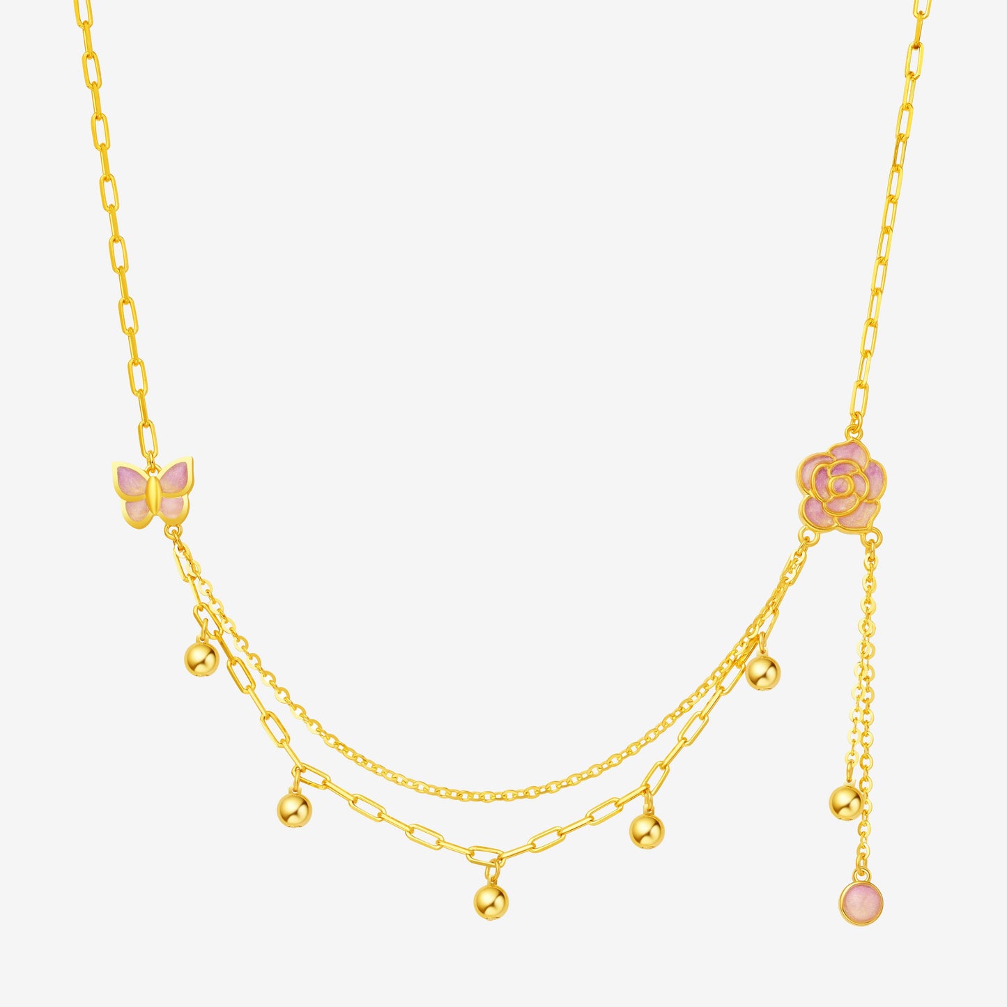 Monet Garden Series 24K Gold Camellia Butterfly Double Chain Necklace