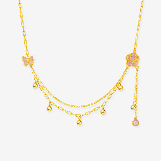 Monet Garden Series 24K Gold Camellia Butterfly Double Chain Necklace