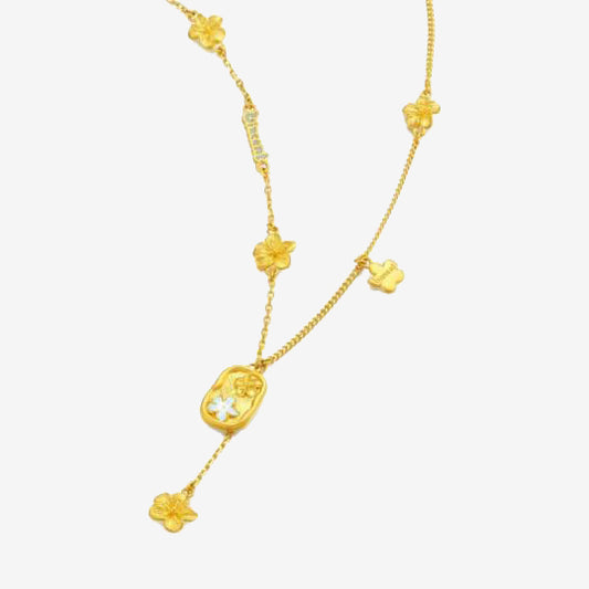 24K Gold Enamel Almond Blossom Flower Square Y-shape Necklace