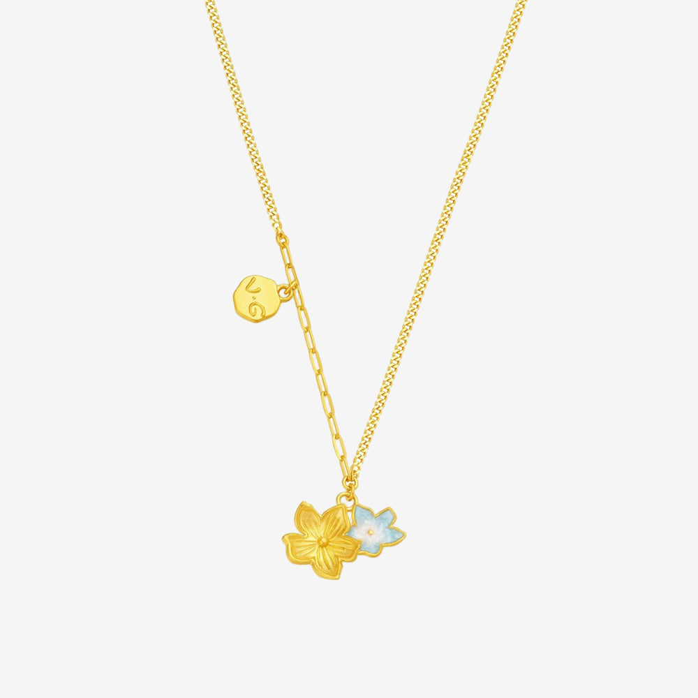 Blazing Van Gogh Series 24K Gold Enamel Double Almond Blossom Flower Necklace