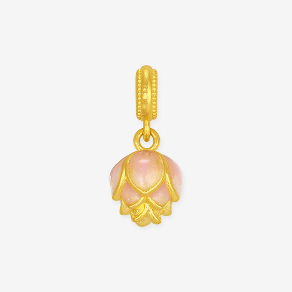 24K Gold Enamel Auspicious Lotus Charm