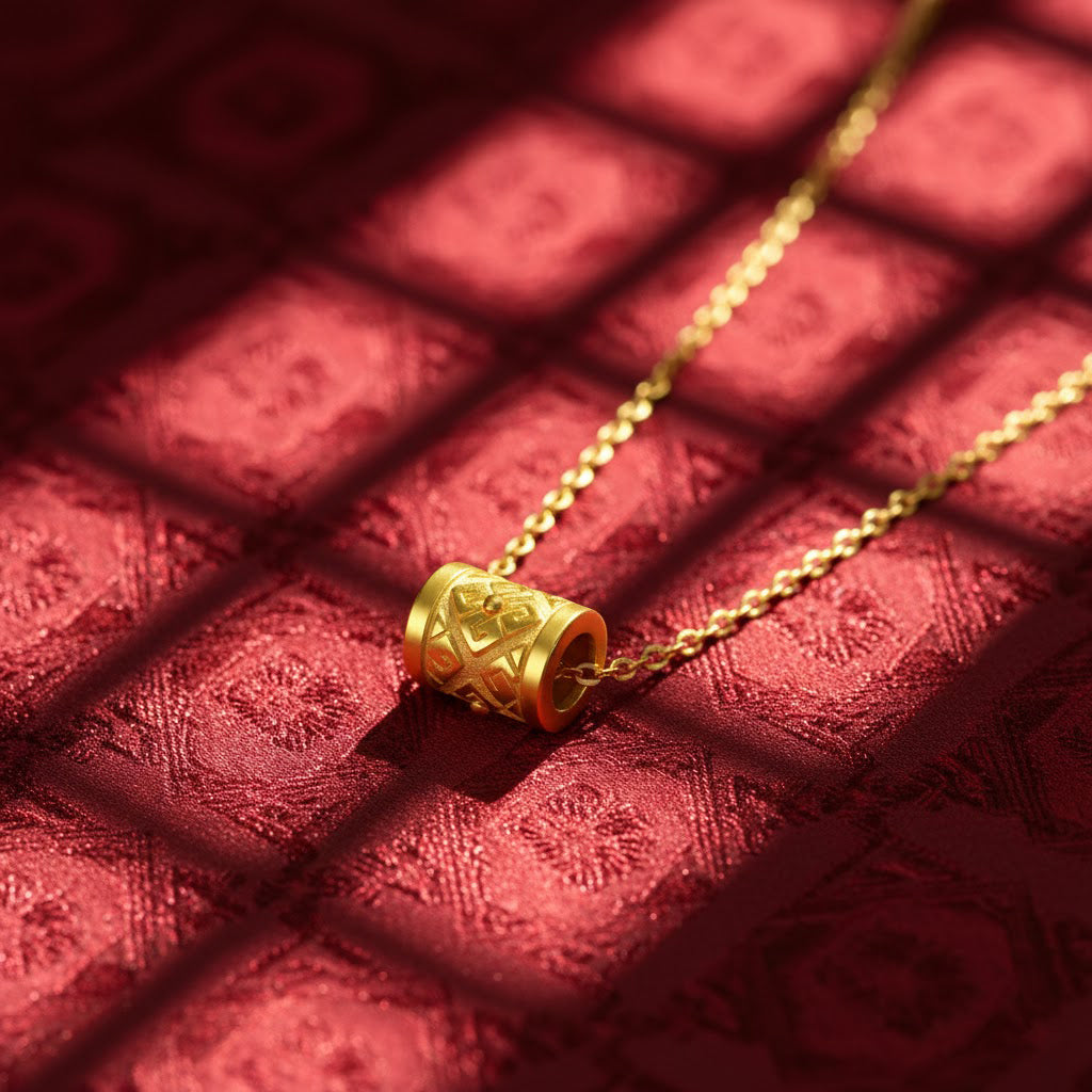 24K Gold Diamond Pattern Barrel Pendant