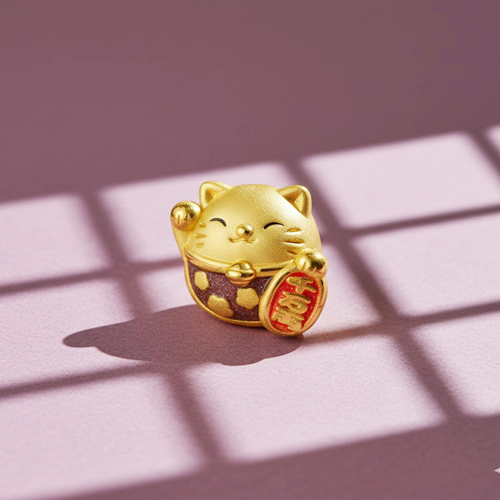 24K Gold Enamel Fortune Lucky Cat Charm