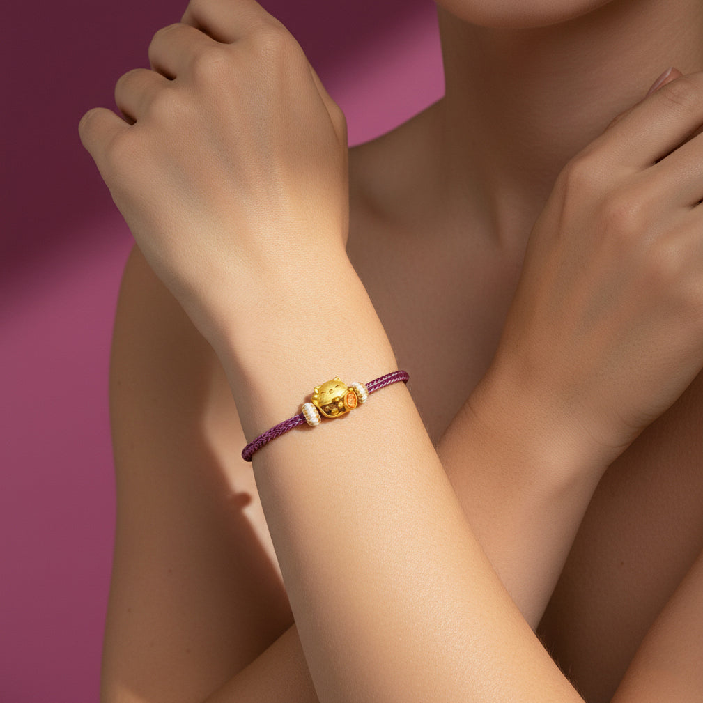 24K Gold Enamel Fortune Lucky Cat Charm