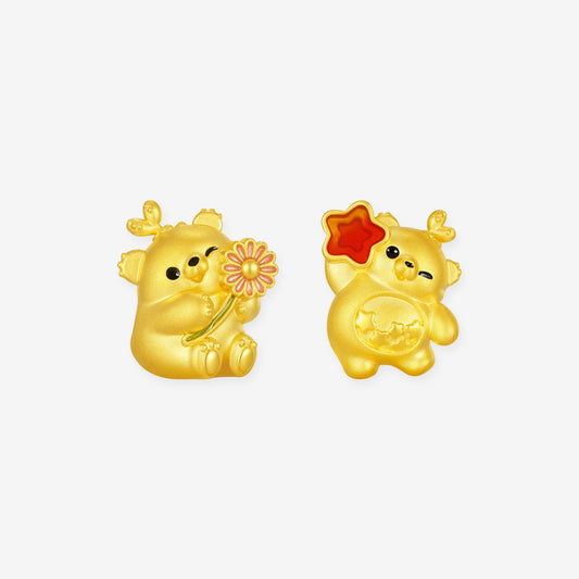24K pure gold enamel sprout bear charm bracelet — two variants: daisy flower bear and red star bear, pink rose quartz beaded with gold braided cord — ChowTaiSeng