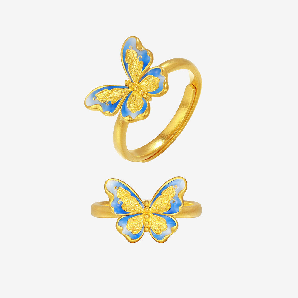 Oriental Blue and White Series 24K Gold Enamel Blue Butterfly Ring