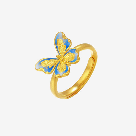 Oriental Blue and White Series 24K Gold Enamel Blue Butterfly Ring