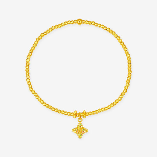24K pure gold clover disco ball beaded bracelet with four-leaf star charm pendant, white background — faceted gold beads with iridescent rainbow light refraction — ChowTaiSeng Dazzling Gold Series