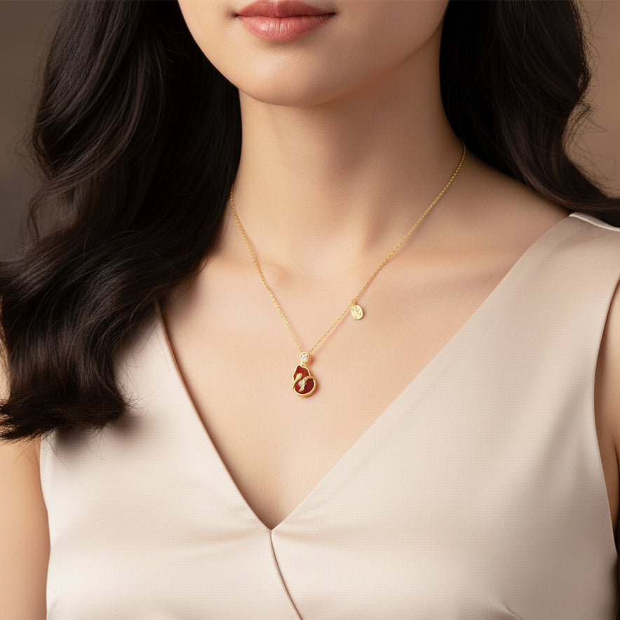 Gold Plated Silver Hetian Jade Chalcedony Blessing Snake Gourd Necklace