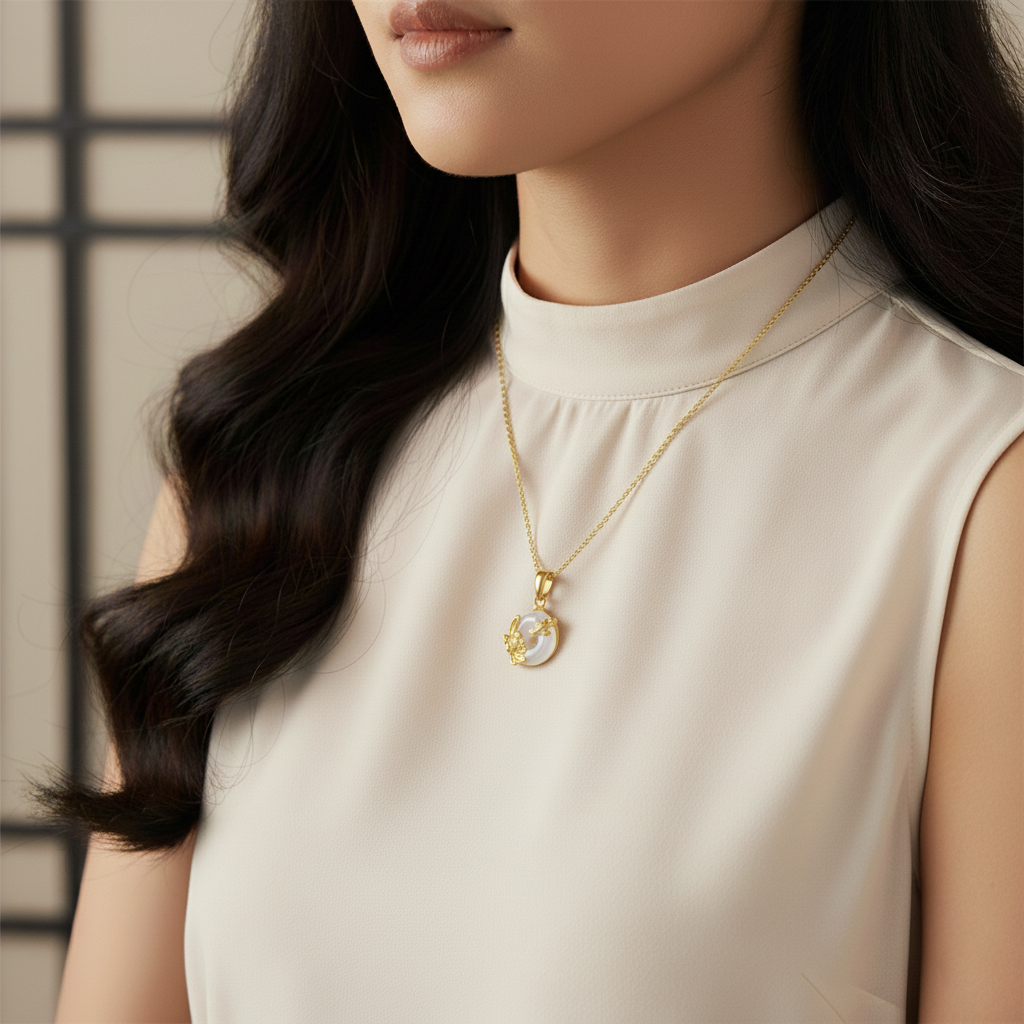 Silver Blessing Lotus Chalcedony Ping An Buckle Necklace