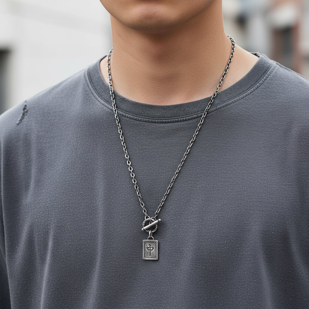 Silver Vintage Fortune Mahjong Men's Necklace