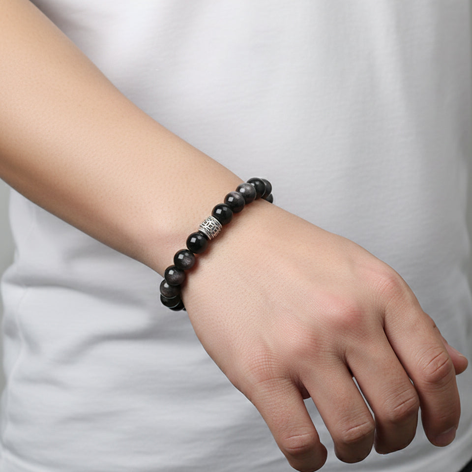 Silver Obsidian Blessing Charm Beaded Men's Bracelet