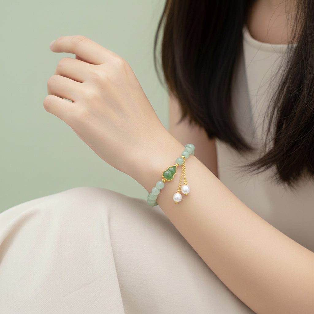 Silver Hetian Jade Calabash Gourd Beaded Bracelet