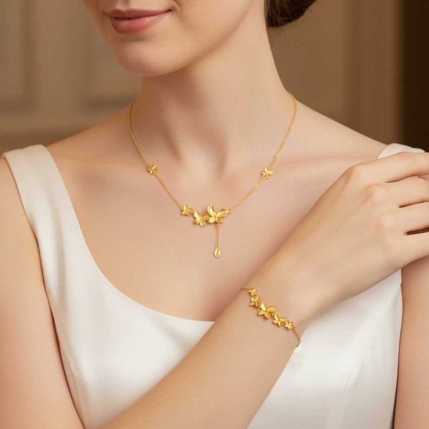 Happy Flower Wedding Series 24K Gold Butterfly Love Flower Jewelry Set