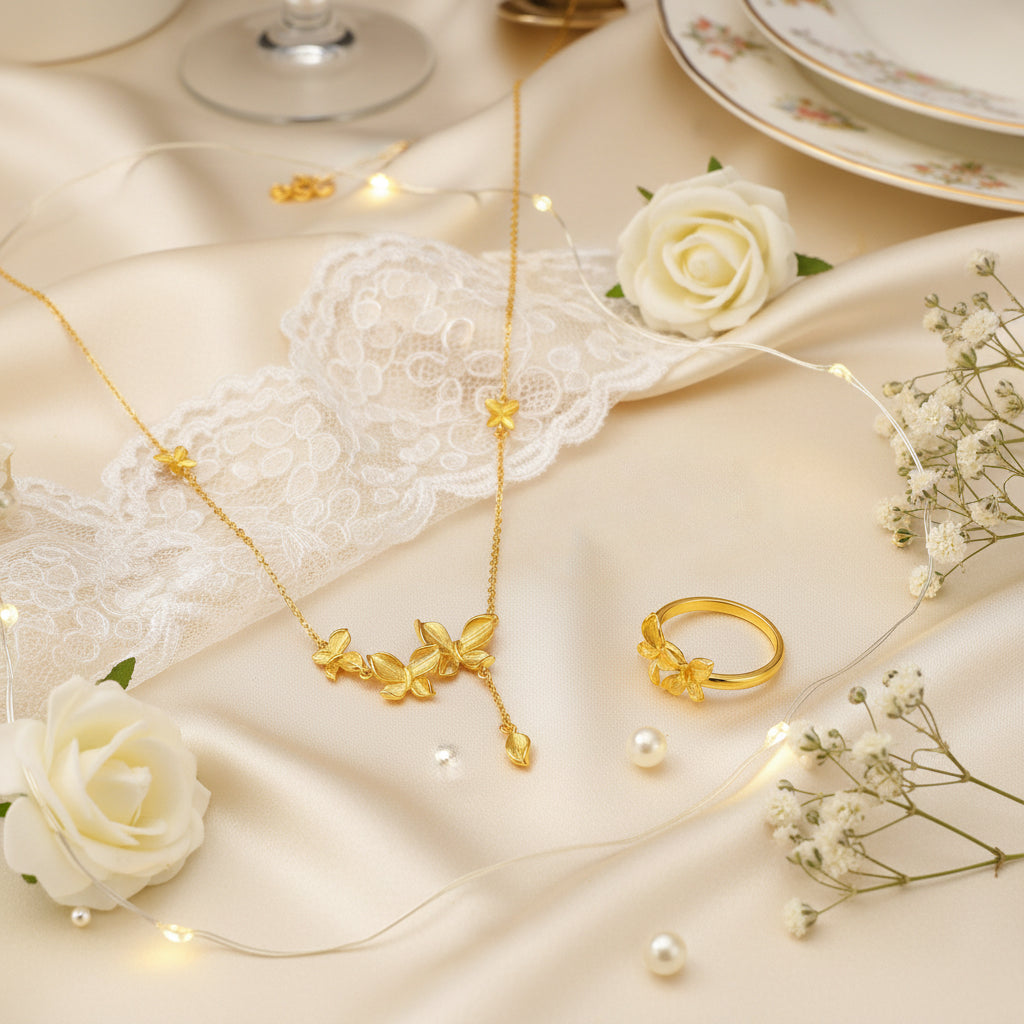 Happy Flower Wedding Series 24K Gold Butterfly Love Flower Jewelry Set