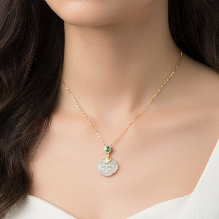 Gold Plated Silver Hetian Jade Persimmon Ruyi Lock Necklace