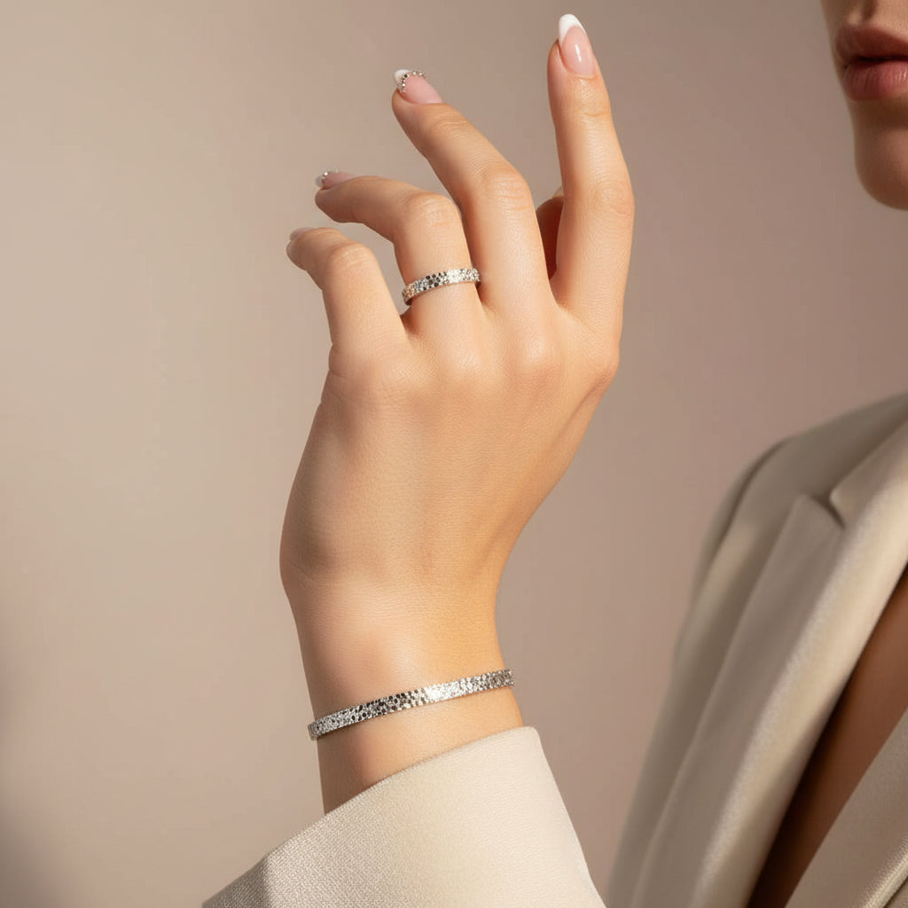 Silver Crushed Ice Pattern Open Bangle & Ring