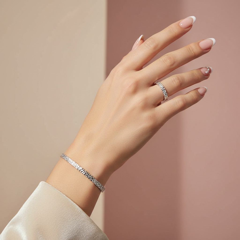 Silver Crushed Ice Pattern Open Bangle & Ring