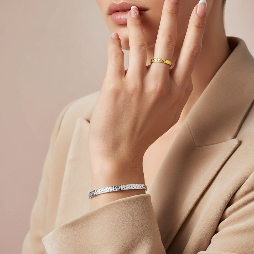 Silver Crushed Ice Pattern Open Bangle & Ring