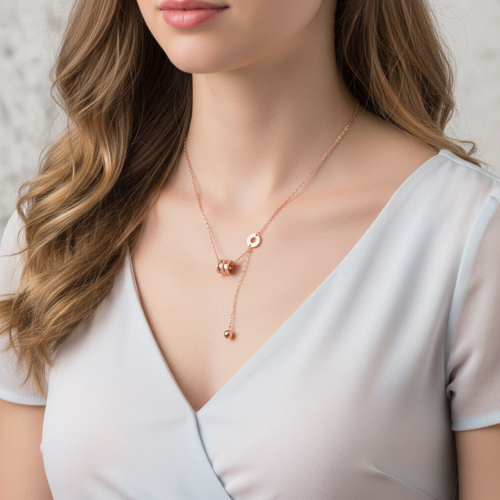 18K Gold Rose Gold Barrel and Bead Y Shape O-chain Necklace