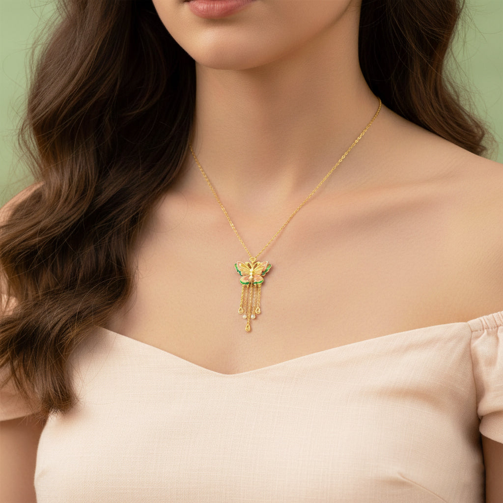 Silver Gold Plated Enamel Butterfly Tassel Necklace