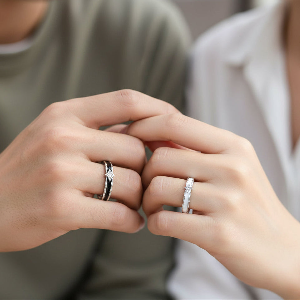 Silver Luminous Enamel Black White Star Couples Rings
