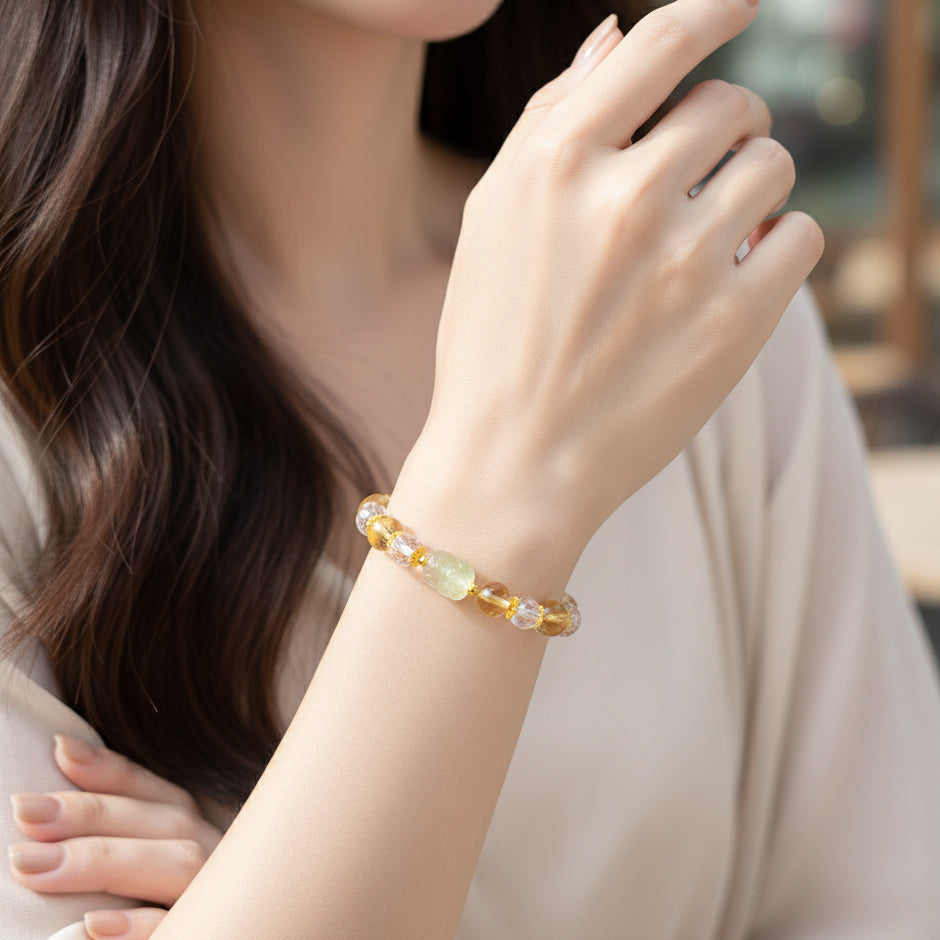 Silver Natural Yellow Citrine Clear Crystal Piyao Pixiu Beaded Bracelet