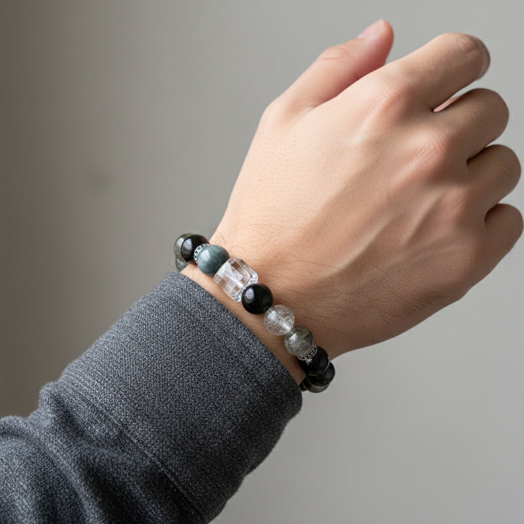 Silver Natural Obsidian Crystal Beaded Men's Bracelet