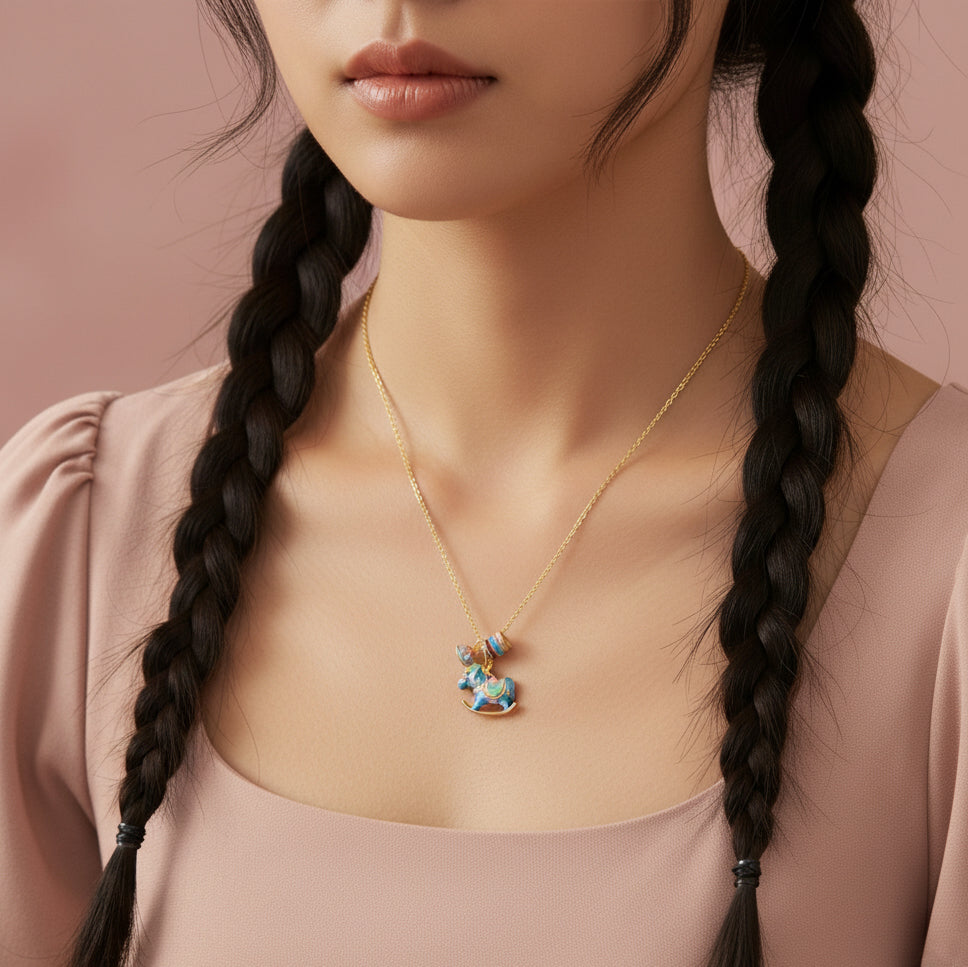 Silver Enamel Childlike Wooden Horse Necklace