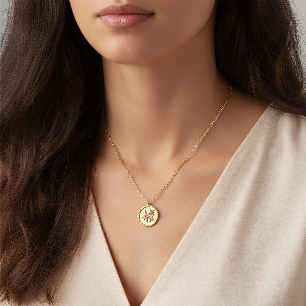 Silver Vintage Eight-pointed Star Disc Necklace