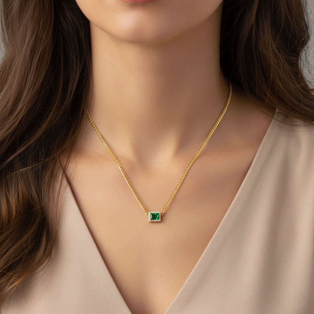Silver Green Emerald Cut Zircon Curb Necklace