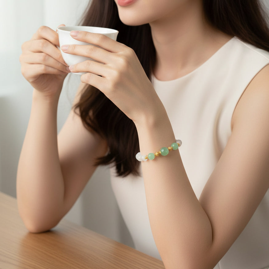 Silver Energy Five Elements Natural Crystal Chalcedony Beaded Bracelet