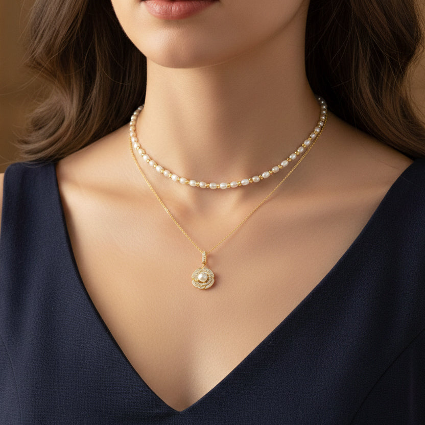 Silver Pearl Camellia Double Layer Necklace