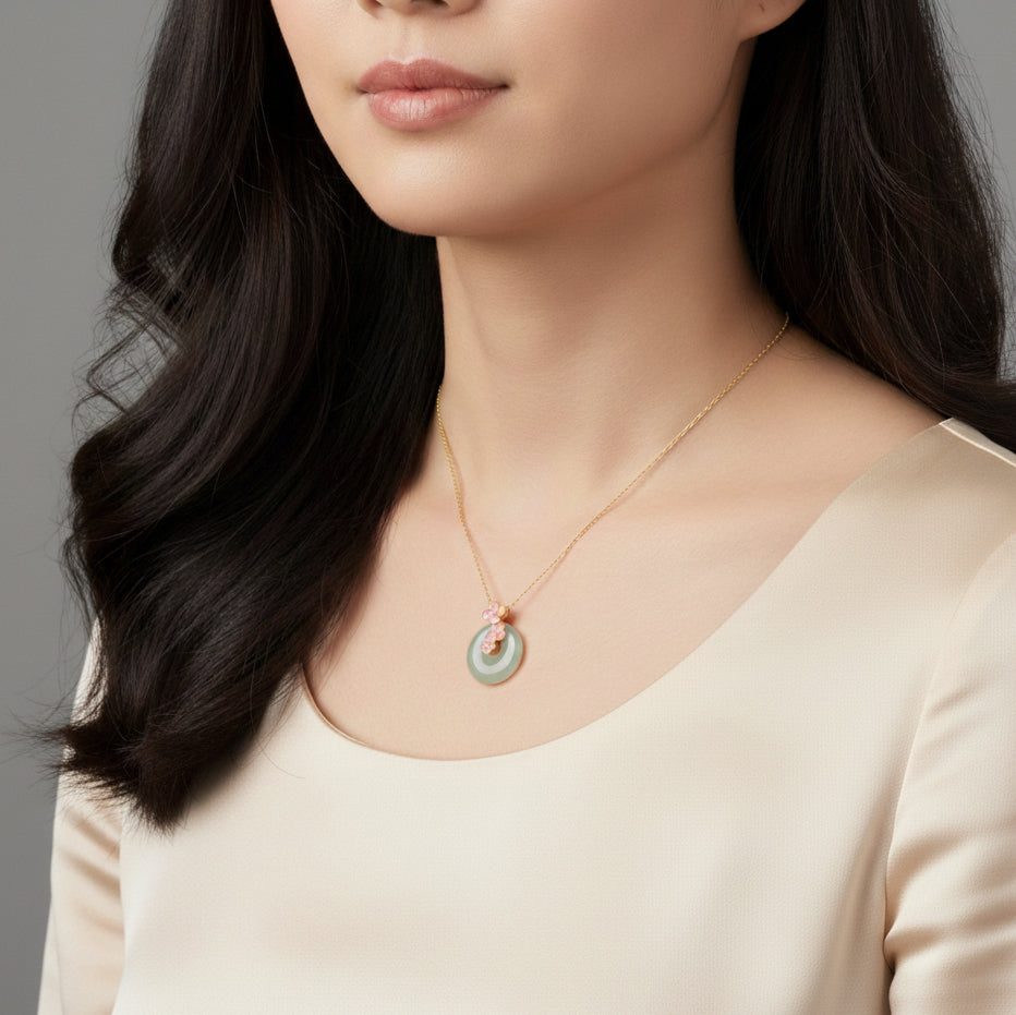 Gold Plated Silver Peach Blossom Hetian Jade Ping An Buckle Necklace