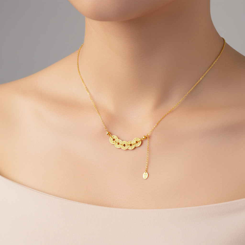 Gold Plated Silver Five Emperors Coins Blessing Jewelry Set - Necklace & Bracelet