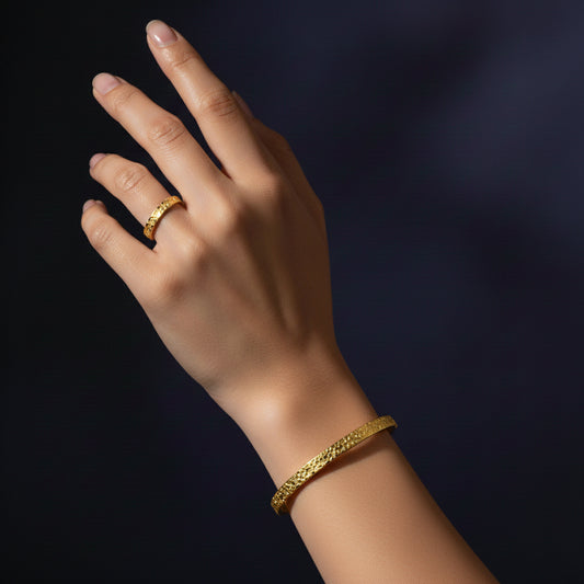 Gold Plated Silver Crushed Ice Pattern Open Bangle & Ring