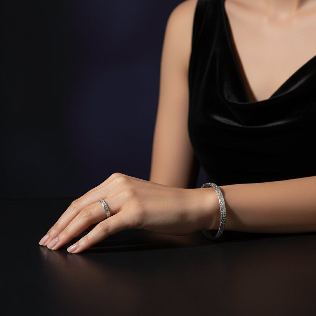 Gold Plated Silver Crushed Ice Pattern Open Bangle & Ring