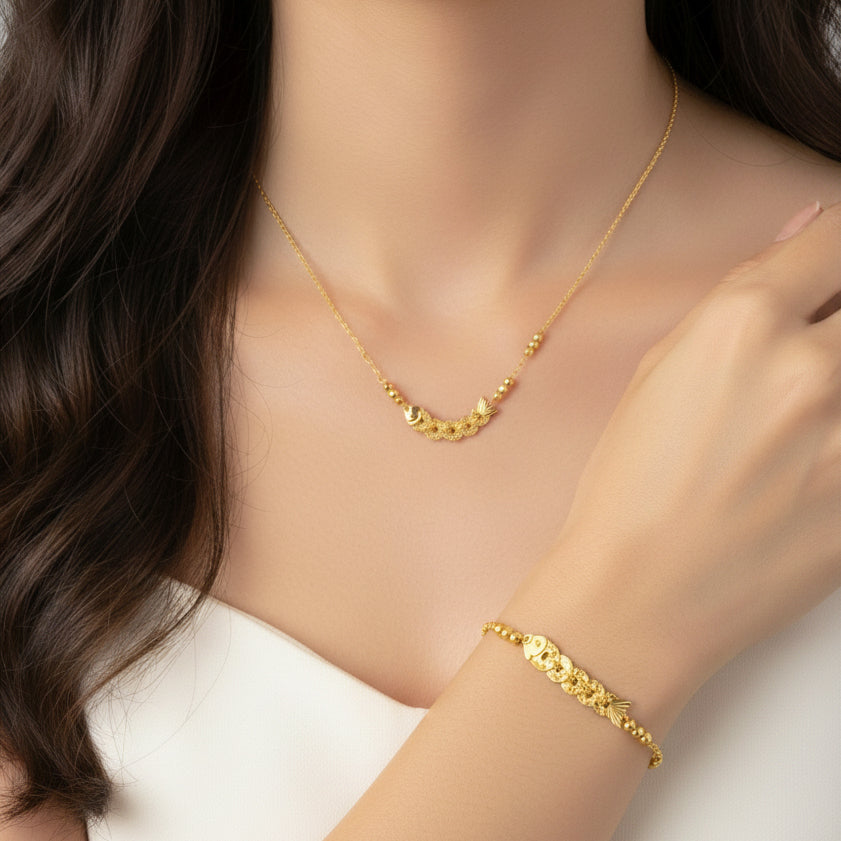 Gold Plated Silver Five Emperors Coins Koi Goldfish Jewelry Set - Bracelet Necklace