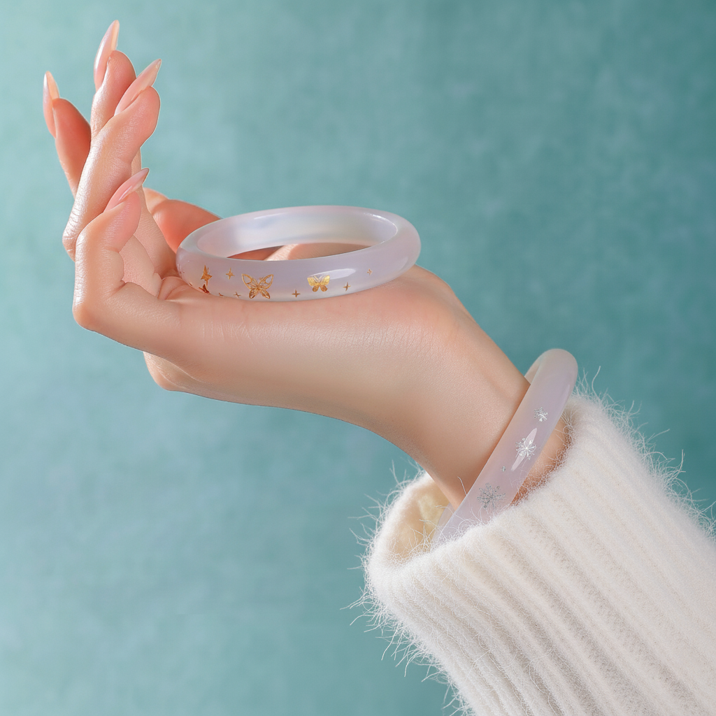 Butterfly Snowflake White Moonlight Chalcedony Bangle