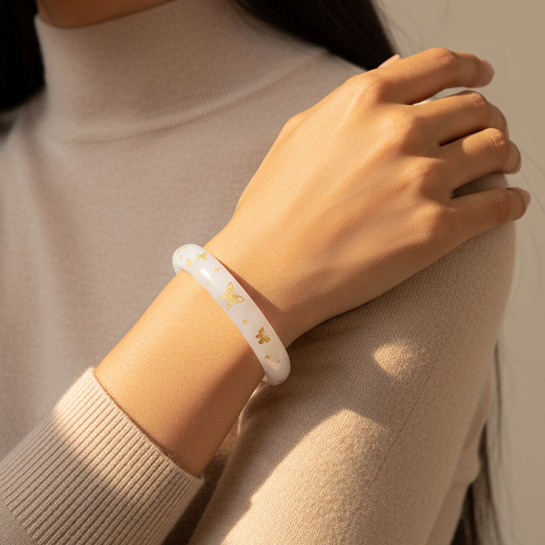Butterfly Snowflake White Moonlight Chalcedony Bangle