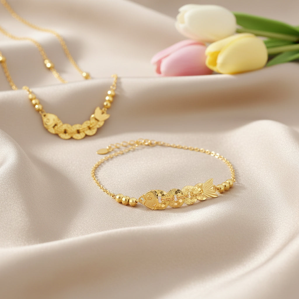 S925 Silver Five Emperors Coins Koi Goldfish Jewelry Set - Bracelet Necklace